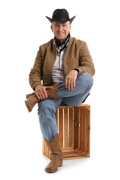 Mature Cowboy Sitting White Background — Stock Photo, Image