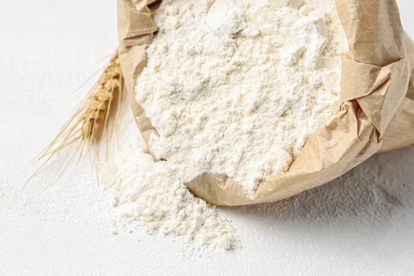 Paper Bag Flour Wheat Ear White Background — Stock Photo, Image