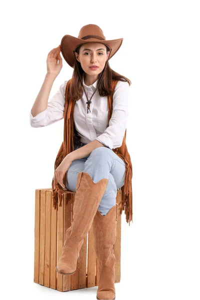 Beautiful Cowgirl Sitting White Background — Stock Photo, Image