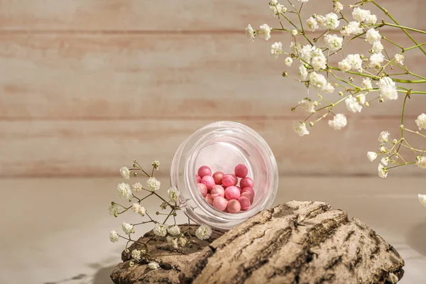 Jar Blush Balls Tree Bark Gypsophila Flowers Light Wooden Table — Stock Photo, Image