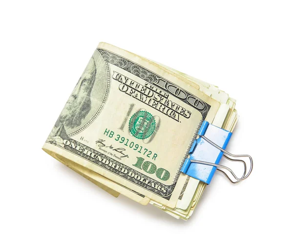 Billetes Dólar Con Clip Aglutinante Sobre Fondo Blanco —  Fotos de Stock