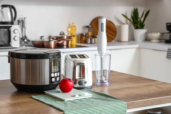 Blender Toaster Multi Cooker Apple Wooden Table Kitchen — Stock Photo, Image