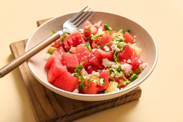 Bowl Tasty Watermelon Salad Yellow Background — Stock Photo, Image