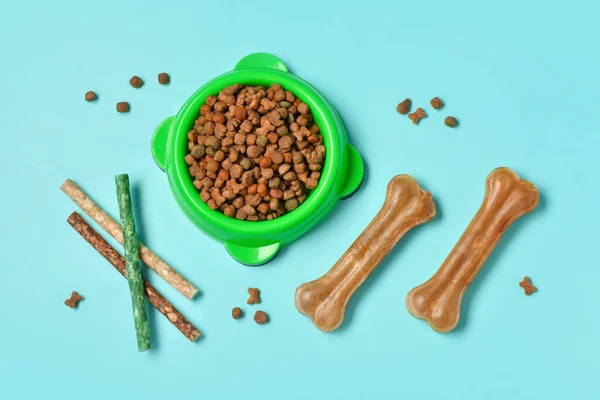 Composition Dog Treats Dry Food Color Background — Stock Photo, Image