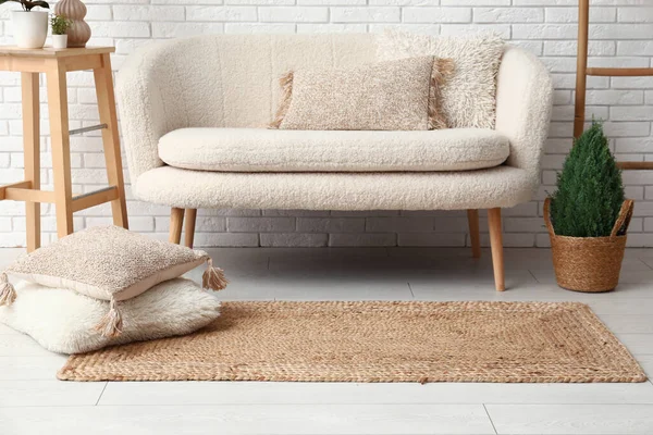 Interior Light Living Room White Sofa Wicker Carpet — Stockfoto