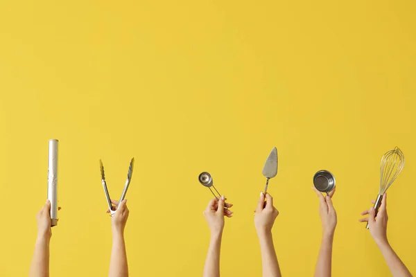 Female Hands Baking Utensils Yellow Background — Stock Photo, Image
