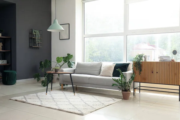 Interieur Eines Modernen Wohnzimmers Mit Gemütlichem Grauen Sofa Der Nähe — Stockfoto