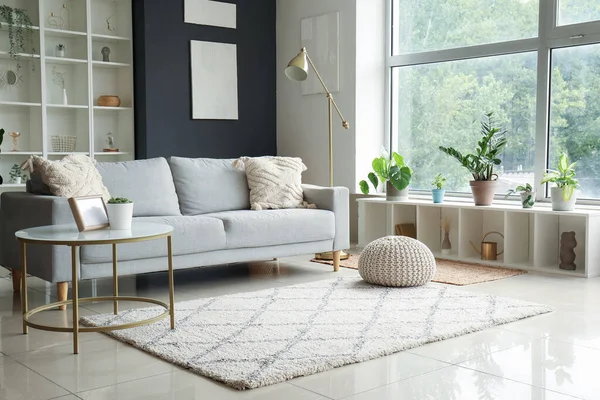 Interieur Eines Modernen Wohnzimmers Mit Grauem Sofa Und Couchtisch — Stockfoto