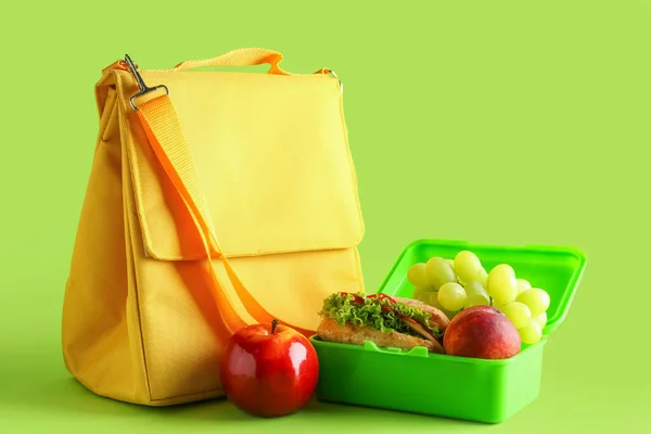 Bag Lunchbox Tasty Food Green Background — Stock Photo, Image