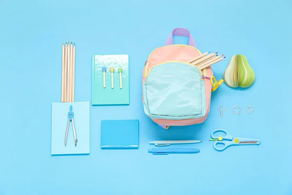 Color School Backpack Different Stationery Blue Background — Stock Photo, Image