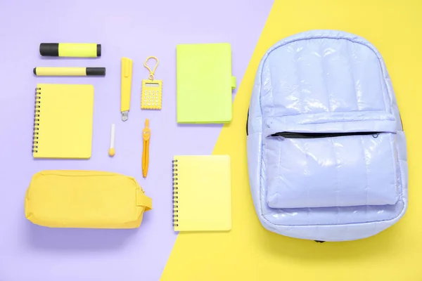 Lilac School Backpack Different Stationery Color Background — Stock Photo, Image