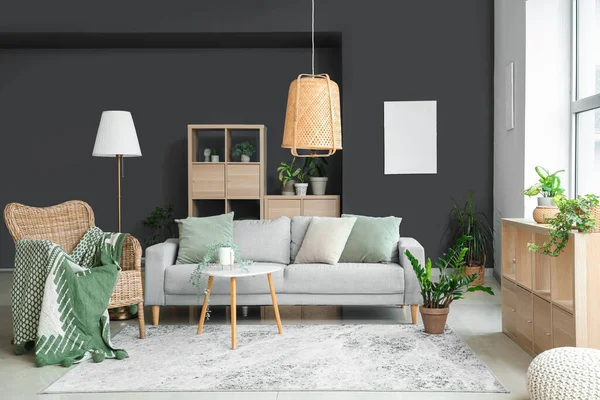 Interieur Eines Modernen Wohnzimmers Mit Pflanzen Sofa Und Sessel — Stockfoto