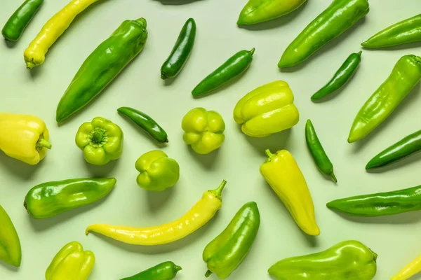 Different Fresh Peppers Green Background — Stock Photo, Image