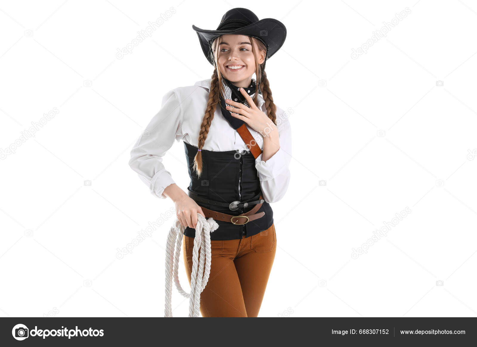 Young Cowgirl Lasso White Background — Stock Photo © serezniy #668307152