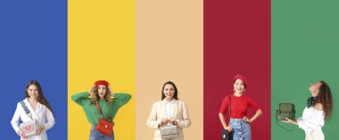 Renkli çantaları olan çekici genç kadınların kolajı