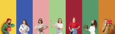 Renkli arka planda zarif çantaları olan modaya uygun genç kadınların kolajı
