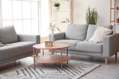 Gri koltukları, kahve masası ve geniş pencereli aydınlık oturma odasının içi.