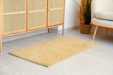 Oturma odasının içinde şık bir halı, yakın plan.