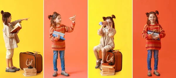 Collage Van Schattig Klein Meisje Met Boeken Kleur Achtergrond — Stockfoto