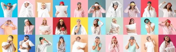 Kolaż Ludzi Piżamie Maski Snu Tle Koloru — Zdjęcie stockowe