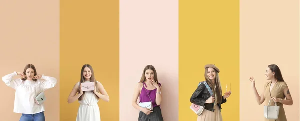 Collage Mujeres Jóvenes Modernas Con Bolsos Elegantes Sobre Fondo Color — Foto de Stock