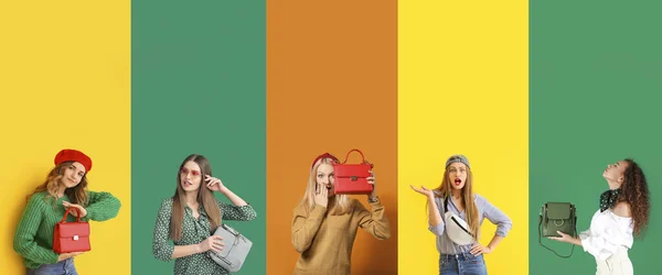Collage Belle Giovani Donne Con Eleganti Borse Sfondo Colore — Foto Stock