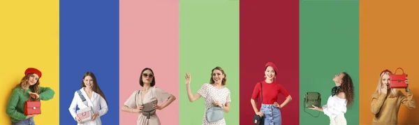 Κολάζ Της Μόδας Νεαρές Γυναίκες Κομψές Τσάντες Στο Φόντο Χρώμα — Φωτογραφία Αρχείου