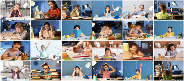 Collage Van Kleine Kinderen Die Huiswerk Maken — Stockfoto