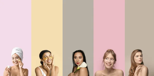 Collage Hermosas Mujeres Jóvenes Con Piel Sana Fondo Color —  Fotos de Stock