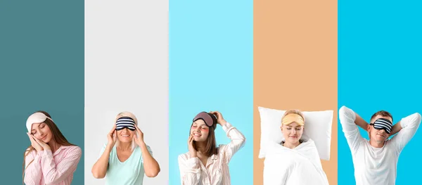 Colección Personas Pijama Con Máscaras Para Dormir Sobre Fondo Color —  Fotos de Stock