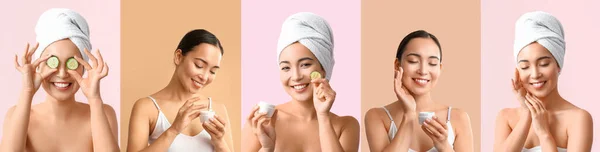 Set Med Vackra Unga Asiatiska Kvinna Med Frisk Hud Färg — Stockfoto