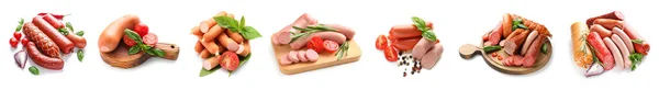 Set Delicious Sausages White Background — Stock Photo, Image