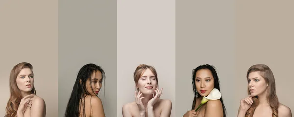 Collage Hermosas Mujeres Jóvenes Con Piel Sana Sobre Fondo Gris — Foto de Stock
