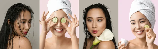 Conjunto Hermosas Mujeres Asiáticas Jóvenes Con Piel Sana Sobre Fondo — Foto de Stock