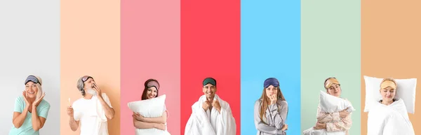 Colagem Pessoas Pijama Com Máscaras Sono Fundo Cor — Fotografia de Stock