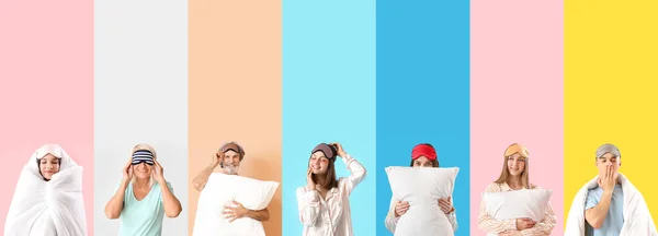 Set Von Menschen Schlafanzug Und Mit Schlafmasken Auf Farbigem Hintergrund — Stockfoto