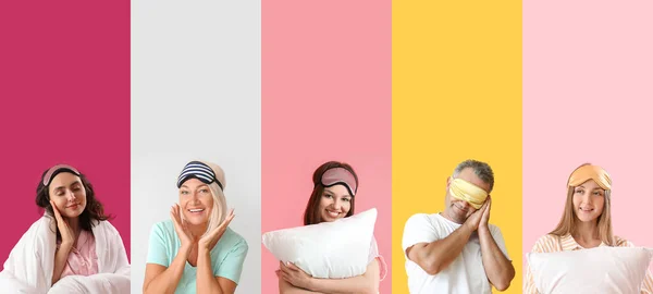 Ομάδα Ανθρώπων Πιτζάμες Και Μάσκες Ύπνου Στο Φόντο Χρώμα — Φωτογραφία Αρχείου