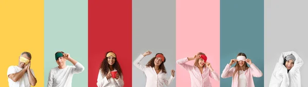 Grupp Människor Pyjamas Och Med Sömn Masker Färg Bakgrund — Stockfoto