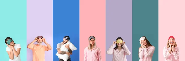 Sammlung Von Menschen Schlafanzug Und Mit Schlafmasken Auf Farbigem Hintergrund — Stockfoto