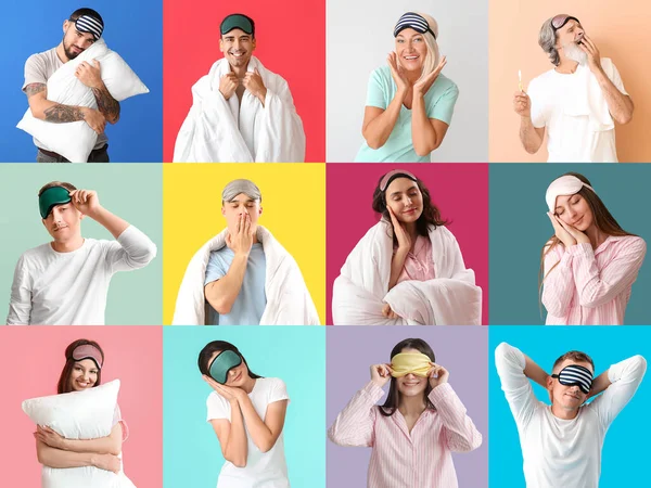 Set People Pajamas Sleep Masks Color Background — Stock Photo, Image