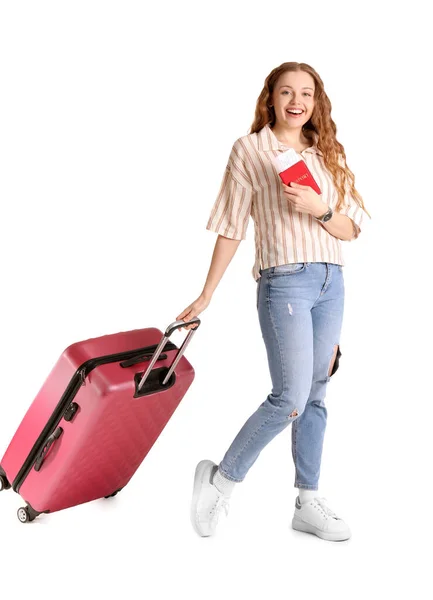 Young Woman Passport Suitcase White Background — Stock Photo, Image