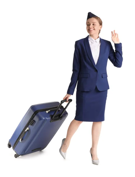Beautiful Stewardess Suitcase White Background — Stock Photo, Image