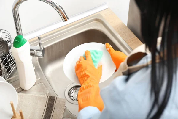 Woman Washing Plate Sponge Sink Closeup — Stock Photo, Image