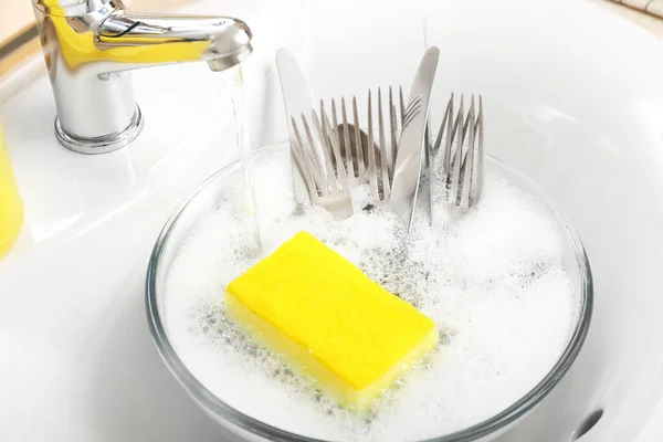 Bowl Cutlery Cleaning Sponge Sink Closeup — Stock Photo, Image