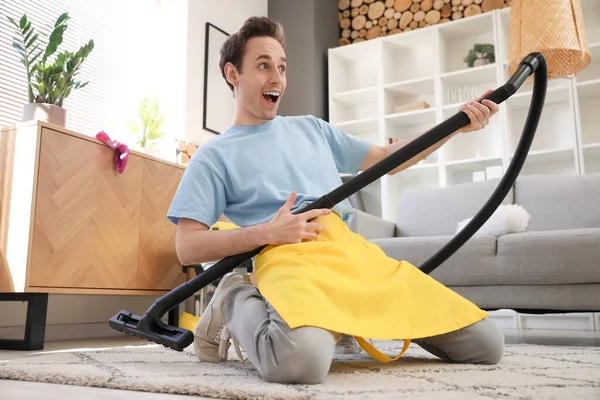 Young Man Having Fun While Hoovering His Apartment — Stock Photo, Image