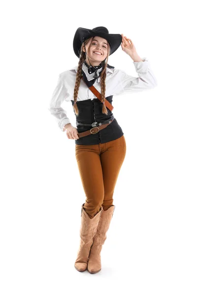 Junge Cowgirl Auf Weißem Hintergrund — Stockfoto