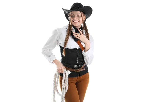Junge Cowgirl Mit Lasso Auf Weißem Hintergrund — Stockfoto