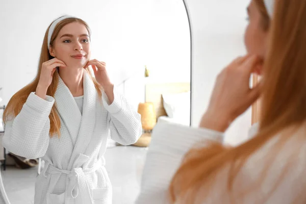 Young Woman Doing Face Building Exercise Mirror Bathroom — Stock Photo, Image