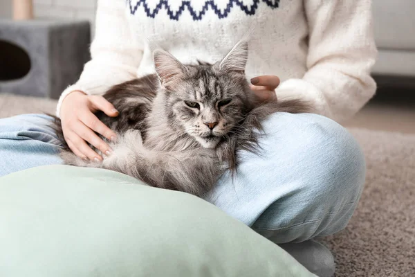 Woman Maine Coon Cat Sitting Floor Home — Stock Photo, Image