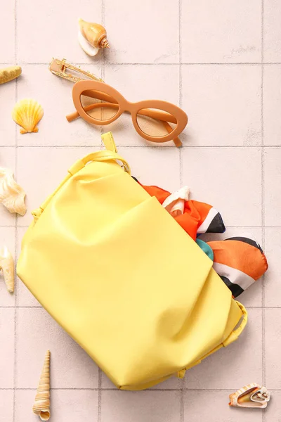 Stylish Bag Sunglasses White Tile Background — Stock Photo, Image